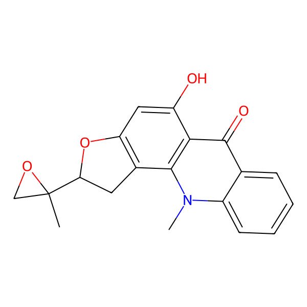 2D Structure of (2R)-5-hydroxy-11-methyl-2-[(2R)-2-methyloxiran-2-yl]-1,2-dihydrofuro[2,3-c]acridin-6-one