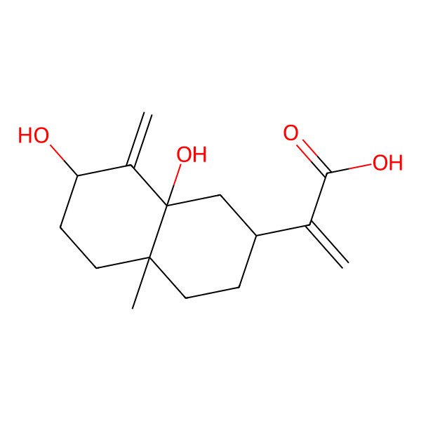 2D Structure of 2-[(2R,4aS,7S,8aR)-7,8a-dihydroxy-4a-methyl-8-methylidene-2,3,4,5,6,7-hexahydro-1H-naphthalen-2-yl]prop-2-enoic acid