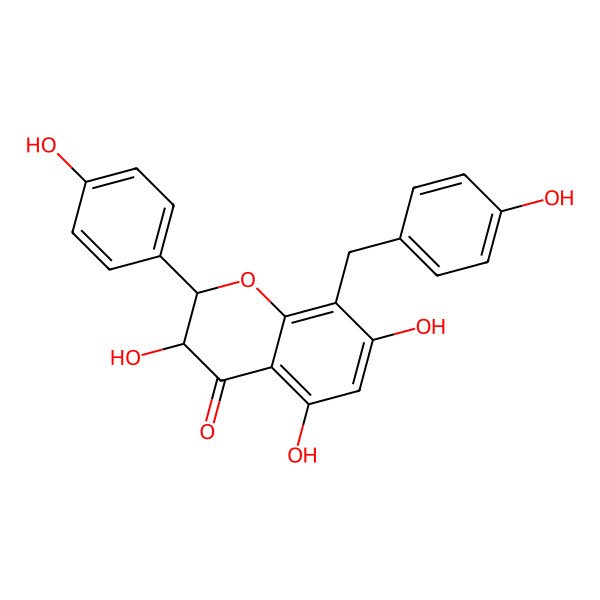 2D Structure of (2R,3R)-3,5,7-trihydroxy-2-(4-hydroxyphenyl)-8-[(4-hydroxyphenyl)methyl]-2,3-dihydrochromen-4-one