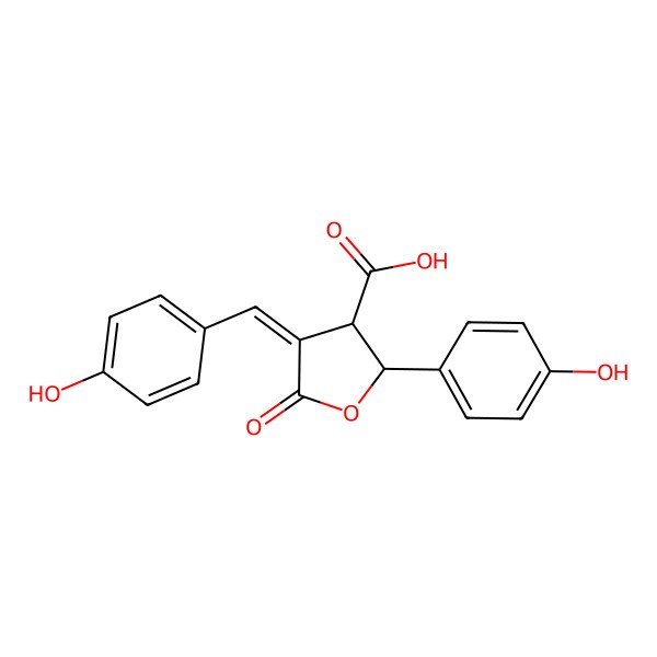 2D Structure of (2R,3R,4E)-2-(4-hydroxyphenyl)-4-[(4-hydroxyphenyl)methylidene]-5-oxooxolane-3-carboxylic acid