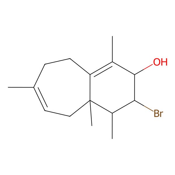 2D Structure of (2R,3R,4R,4aR)-1,4,4a,7-Tetramethyl-3-bromo-3,4,4a,5,8,9-hexahydro-2H-benzocycloheptene-2-ol