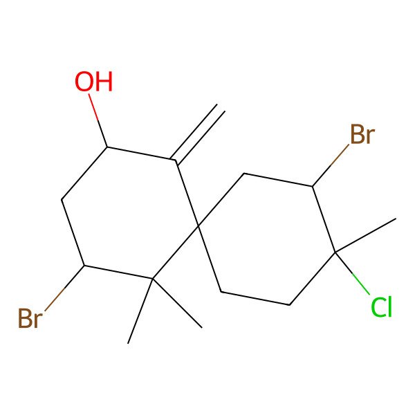2D Structure of (2R,4R,6S,9S,10S)-4,10-dibromo-9-chloro-5,5,9-trimethyl-1-methylidenespiro[5.5]undecan-2-ol