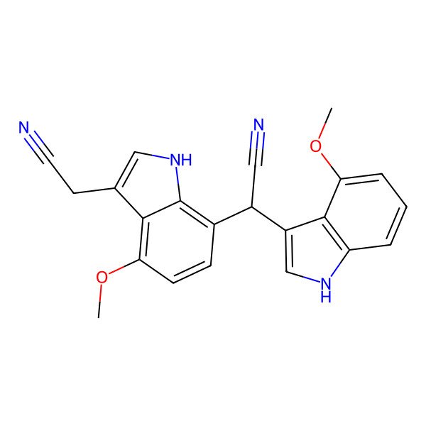 2D Structure of (2S)-2-[3-(cyanomethyl)-4-methoxy-1H-indol-7-yl]-2-(4-methoxy-1H-indol-3-yl)acetonitrile