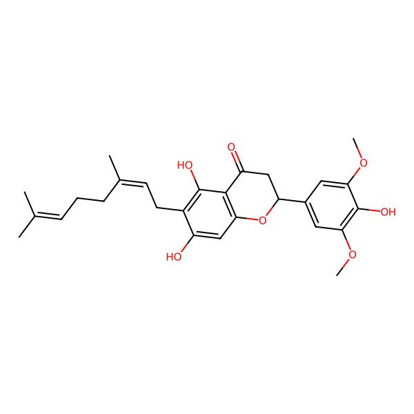 2D Structure of (2S)-6-[(2E)-3,7-dimethylocta-2,6-dienyl]-5,7-dihydroxy-2-(4-hydroxy-3,5-dimethoxyphenyl)-2,3-dihydrochromen-4-one