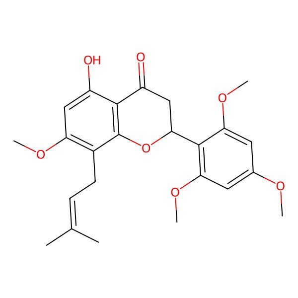 2D Structure of (2S)-2,3-Dihydro-5-hydroxy-7-methoxy-8-(3-methyl-2-buten-1-yl)-2-(2,4,6-trimethoxyphenyl)-4H-1-benzopyran-4-one