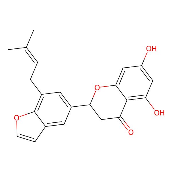 2D Structure of (2S)-5,7-dihydroxy-2-[7-(3-methylbut-2-enyl)-1-benzofuran-5-yl]-2,3-dihydrochromen-4-one