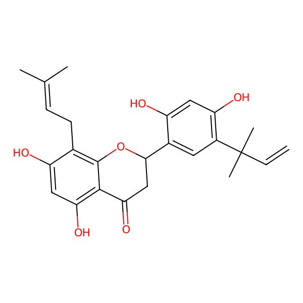 2D Structure of (2S)-5,7,2',4'-Tetrahydroxy-8-prenyl-5'-(1,1-dimethylallyl)flavanone 2D Structure of (2S)-5,7,2',4'-Tetrahydroxy-8-prenyl-5'-(1,1-dimethylallyl)flavanone