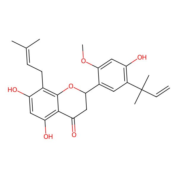 2D Structure of (2S)-5,7,4'-Trihydroxy-2'-methoxy-8-prenyl-5'-(1,1-dimethylallyl)flavanone