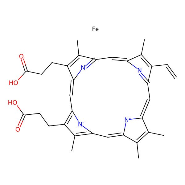 2D Structure of 3-[18-(2-Carboxyethyl)-3,7,8,13,17-pentamethyl-12-vinyl-porphyrin-21,23-diid-2-yl]propanoic acid