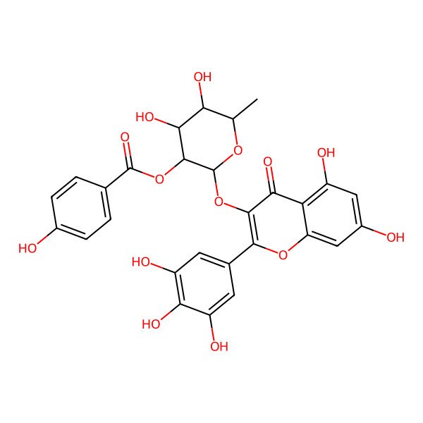 2D Structure of 3-[2-O-(4-Hydroxybenzoyl)-alpha-L-rhamnopyranosyloxy]-3',4',5,5',7-pentahydroxyflavone