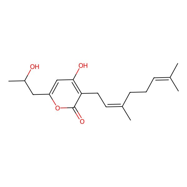 2D Structure of 3-[(2E)-3,7-dimethylocta-2,6-dienyl]-4-hydroxy-6-[(2R)-2-hydroxypropyl]pyran-2-one
