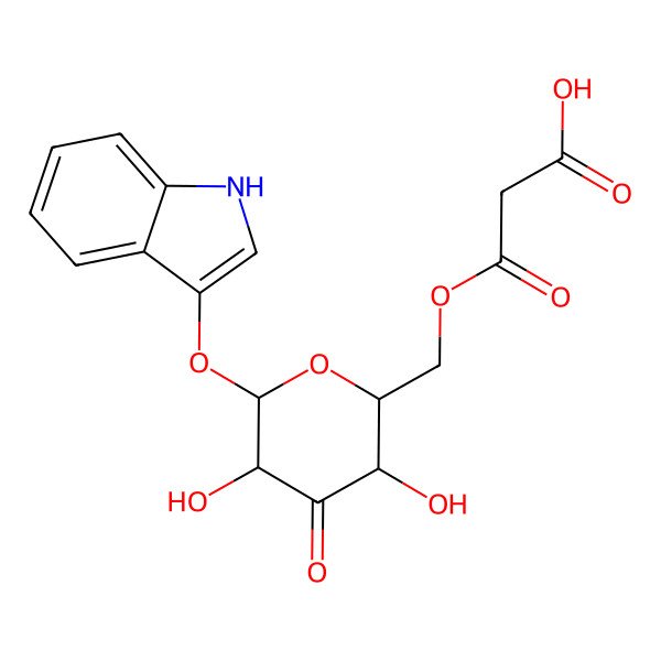 2D Structure of 3-[[3,5-dihydroxy-6-(1H-indol-3-yloxy)-4-oxo-tetrahydropyran-2-yl]methoxy]-3-oxo-propanoic acid