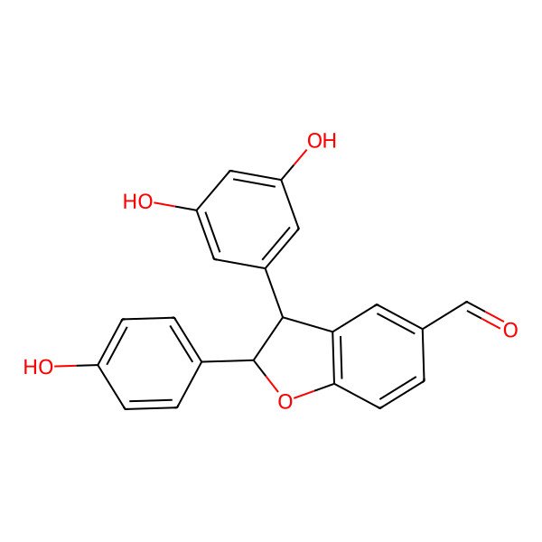 2D Structure of 3-(3,5-Dihydroxy-phenyl)-2-(4-hydroxy-phenyl)-2,3-dihydro-benzofuran-5-carbaldehyde