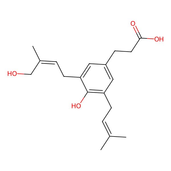 2D Structure of 3-[4-hydroxy-3-[(E)-4-hydroxy-3-methylbut-2-enyl]-5-(3-methylbut-2-enyl)phenyl]propanoic acid