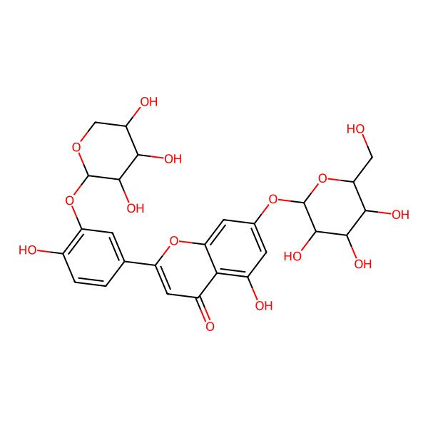 2D Structure of 3'-(beta-D-Xylopyranosyloxy)-7-(beta-D-glucopyranosyloxy)-4',5-dihydroxyflavone 2D Structure of 3'-(beta-D-Xylopyranosyloxy)-7-(beta-D-glucopyranosyloxy)-4',5-dihydroxyflavone
