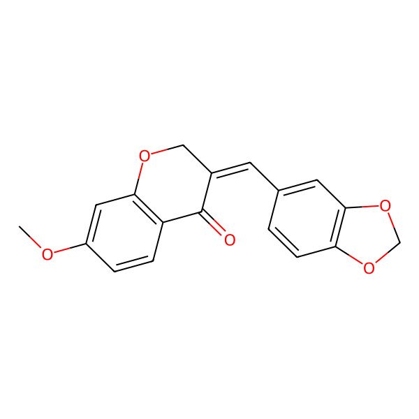 2D Structure of (3E)-3-(1,3-benzodioxol-5-ylmethylidene)-7-methoxychromen-4-one 2D Structure of (3E)-3-(1,3-benzodioxol-5-ylmethylidene)-7-methoxychromen-4-one