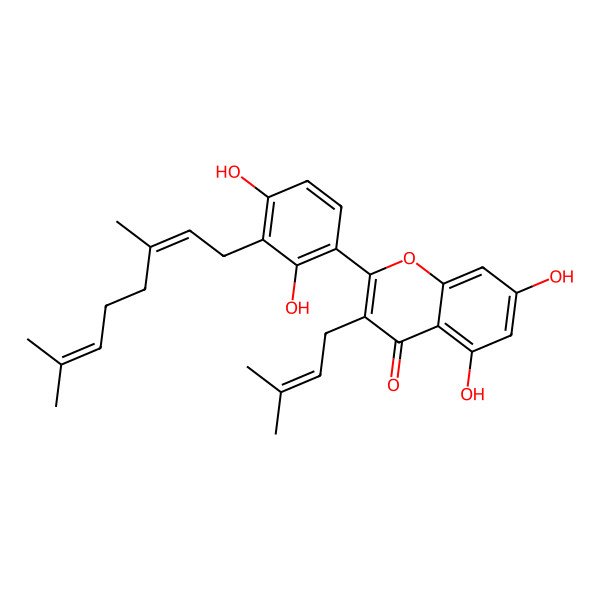 2D Structure of 3'-Geranyl-3-prenyl-2',4',5,7-tetrahydroxyflavone