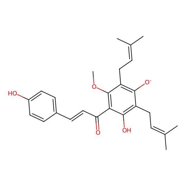 2D Structure of 3-hydroxy-4-[(E)-3-(4-hydroxyphenyl)prop-2-enoyl]-5-methoxy-2,6-bis(3-methylbut-2-enyl)phenolate