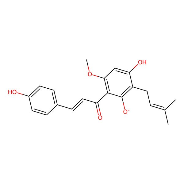 2D Structure of 3-hydroxy-6-[(2E)-3-(4-hydroxyphenyl)prop-2-enoyl]-5-methoxy-2-(3-methylbut-2-en-1-yl)phenolate