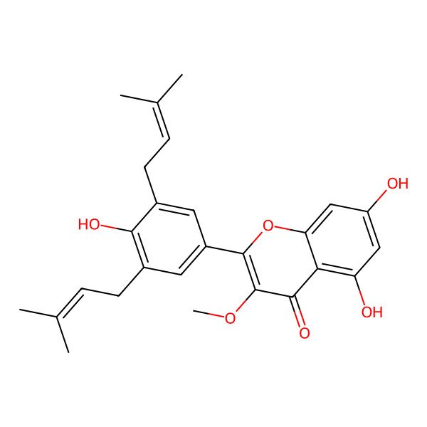 2D Structure of 5,7-Dihydroxy-2-[4-hydroxy-3,5-bis(3-methylbut-2-enyl)phenyl]-3-methoxychromen-4-one