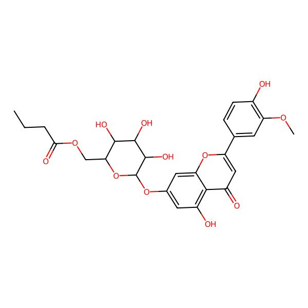 2D Structure of 3'-Methoxy-4',5-dihydroxy-7-[(6-O-butyryl-beta-D-glucopyranosyl)oxy]flavone