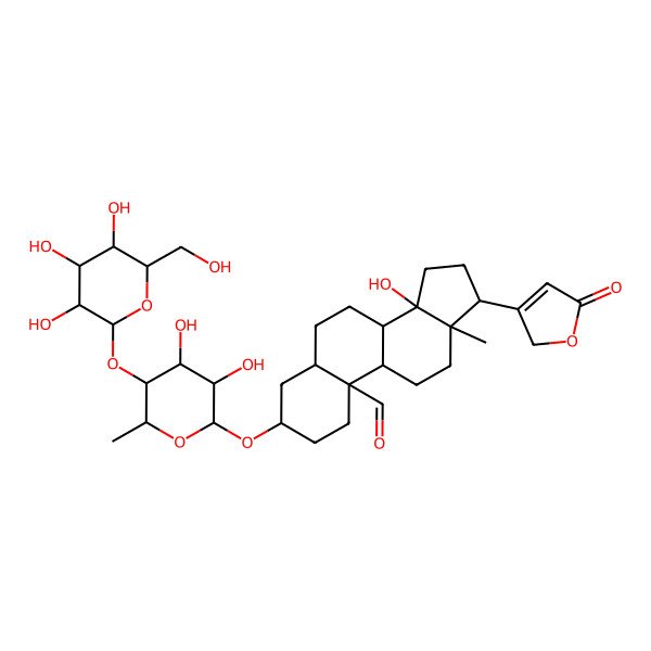 2D Structure of (3S,5R,8R,9S,10R,13R,14S,17R)-3-[(2R,3R,4S,5R,6S)-3,4-dihydroxy-6-methyl-5-[(2S,3R,4S,5S,6R)-3,4,5-trihydroxy-6-(hydroxymethyl)oxan-2-yl]oxyoxan-2-yl]oxy-14-hydroxy-13-methyl-17-(5-oxo-2H-furan-3-yl)-1,2,3,4,5,6,7,8,9,11,12,15,16,17-tetradecahydrocyclopenta[a]phenanthrene-10-carbaldehyde