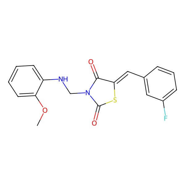 2D Structure of 3-(O-Anisidinomethyl)-5-(3-fluorobenzylidene)-2,4-thiazolidinedione 2D Structure of 3-(O-Anisidinomethyl)-5-(3-fluorobenzylidene)-2,4-thiazolidinedione