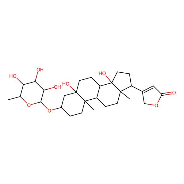2D Structure of 3-[(3S,5S,8R,9S,10R,13R,14S,17R)-5,14-dihydroxy-10,13-dimethyl-3-[(2R,3R,4S,5R,6R)-3,4,5-trihydroxy-6-methyloxan-2-yl]oxy-2,3,4,6,7,8,9,11,12,15,16,17-dodecahydro-1H-cyclopenta[a]phenanthren-17-yl]-2H-furan-5-one