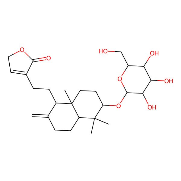 2D Structure of 4-[2-[(1R,4aS,6R,8aS)-5,5,8a-trimethyl-2-methylidene-6-[(2R,3R,4S,5S,6R)-3,4,5-trihydroxy-6-(hydroxymethyl)oxan-2-yl]oxy-3,4,4a,6,7,8-hexahydro-1H-naphthalen-1-yl]ethyl]-2H-furan-5-one