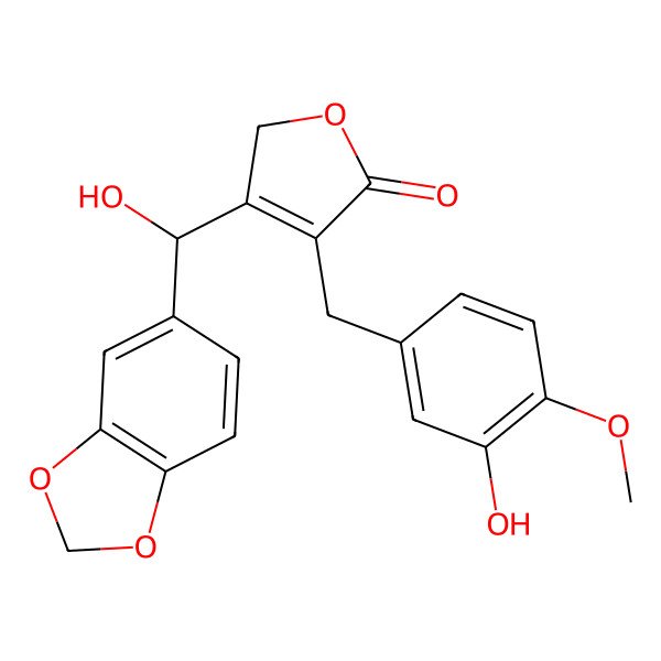 2D Structure of 3-[(R)-1,3-benzodioxol-5-yl(hydroxy)methyl]-4-[(3-hydroxy-4-methoxyphenyl)methyl]-2H-furan-5-one