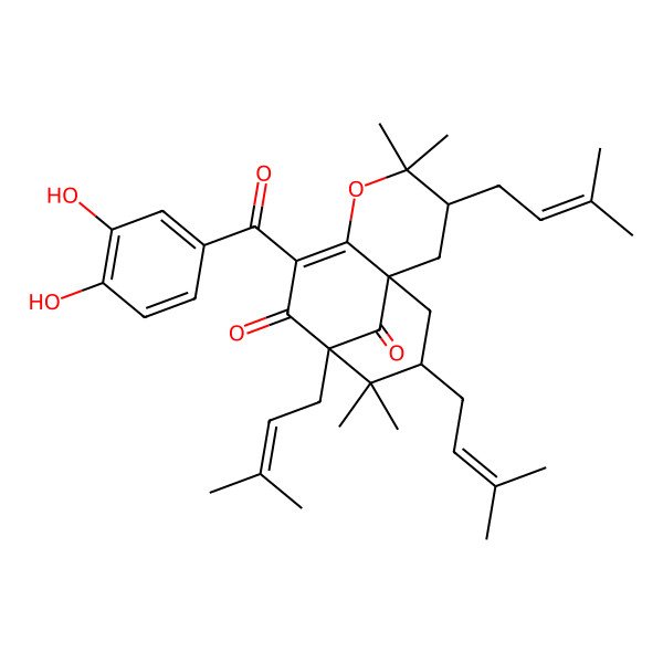 2D Structure of (1S,3R,9S,11R)-7-(3,4-dihydroxybenzoyl)-4,4,10,10-tetramethyl-3,9,11-tris(3-methylbut-2-enyl)-5-oxatricyclo[7.3.1.01,6]tridec-6-ene-8,13-dione