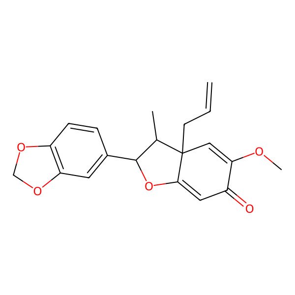 2D Structure of (2S,3S,3aR)-2-(2H-1,3-benzodioxol-5-yl)-5-methoxy-3-methyl-3a-(prop-2-en-1-yl)-3,3a-dihydro-1-benzofuran-6(2H)-one