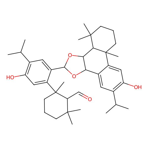 2D Structure of 2,6,6-Trimethyl-2beta-[2-[(S)-[(12-hydroxyabieta-8,11,13-triene-6alpha,7beta-diyl)bisoxy]methyl]-4-isopropyl-5-hydroxyphenyl]cyclohexane-1alpha-carbaldehyde