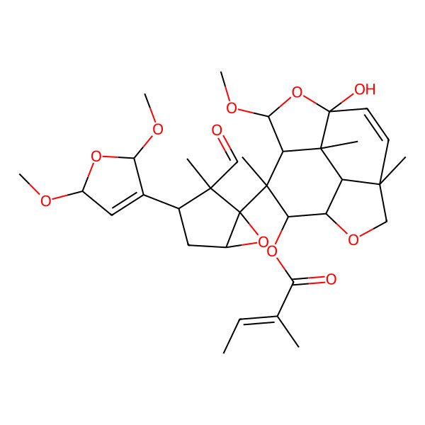 2D Structure of [(1S,3R,4R,5S,6S,7R,10R,13S,14S)-5-[(1S,2S,3S,5R)-3-[(2S,5R)-2,5-dimethoxy-2,5-dihydrofuran-3-yl]-2-formyl-2-methyl-6-oxabicyclo[3.1.0]hexan-1-yl]-1-hydroxy-3-methoxy-5,10,13-trimethyl-2,8-dioxatetracyclo[5.5.2.04,13.010,14]tetradec-11-en-6-yl] (E)-2-methylbut-2-enoate