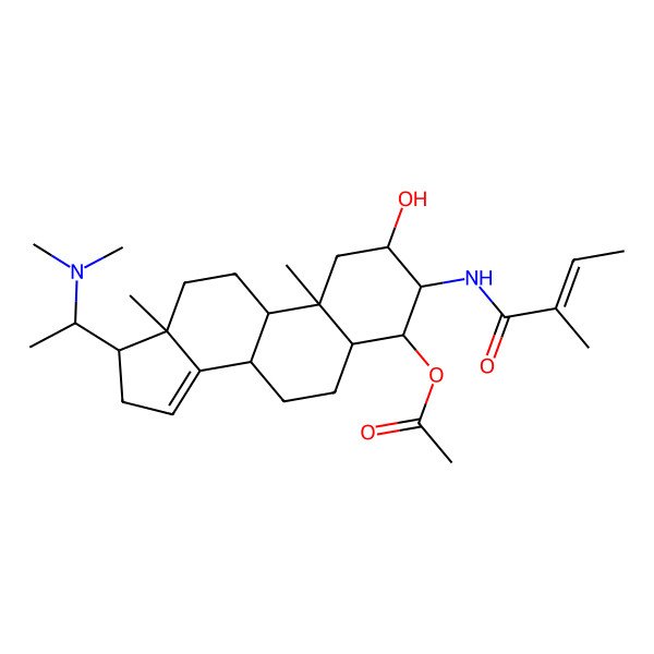 2D Structure of Acetic acid (2S,3S,4R,5R,8R,9S,10R,13R,17S)-17-((S)-1-dimethylamino-ethyl)-2-hydroxy-10,13-dimethyl-3-((E)-2-methyl-but-2-enoylamino)-2,3,4,5,6,7,8,9,10,11,12,13,16,17-tetradecahydro-1H-cyclopenta[a]phenanthren-4-yl ester