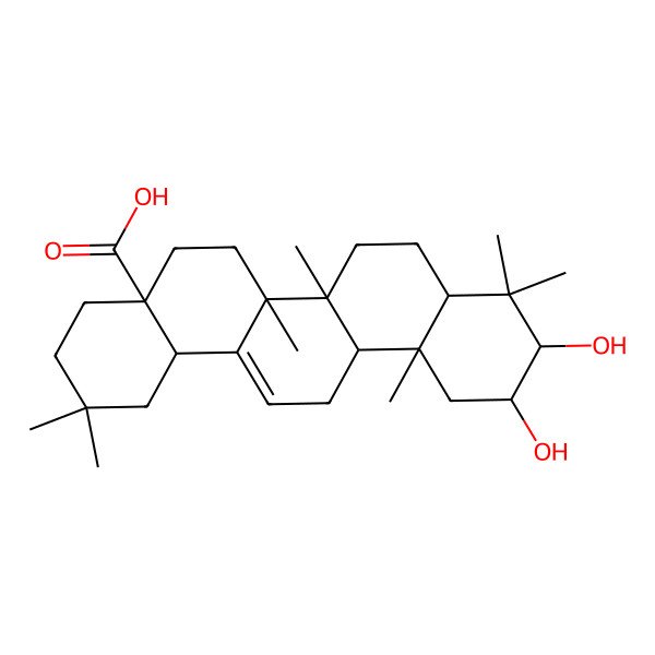 2D Structure of (4aS,6aS,6aS,6bR,8aR,10R,11R,12aR,14bS)-10,11-dihydroxy-2,2,6a,6b,9,9,12a-heptamethyl-1,3,4,5,6,6a,7,8,8a,10,11,12,13,14b-tetradecahydropicene-4a-carboxylic acid