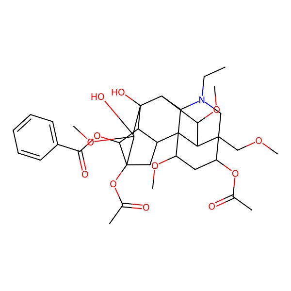 2D Structure of [(1S,2R,3R,4R,5R,6S,7S,8R,9R,10R,13R,14R,16S,17S,18R)-5,14-diacetyloxy-11-ethyl-7,8-dihydroxy-6,16,18-trimethoxy-13-(methoxymethyl)-11-azahexacyclo[7.7.2.12,5.01,10.03,8.013,17]nonadecan-4-yl] benzoate