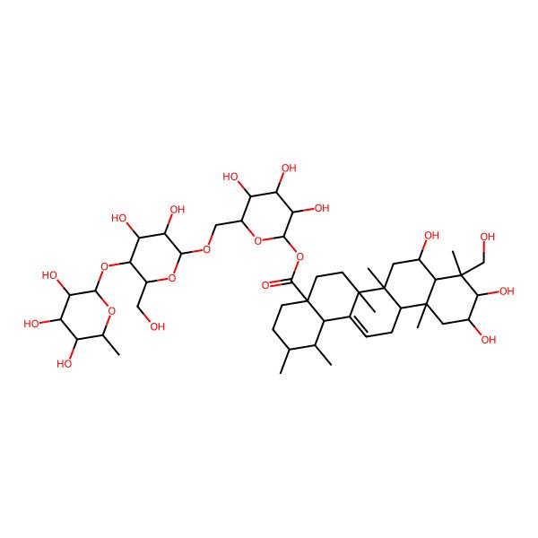 2D Structure of [(2S,3R,4S,5S,6R)-6-[[(2R,3R,4R,5S,6R)-3,4-dihydroxy-6-(hydroxymethyl)-5-[(2R,3S,4S,5S,6S)-3,4,5-trihydroxy-6-methyloxan-2-yl]oxyoxan-2-yl]oxymethyl]-3,4,5-trihydroxyoxan-2-yl] (1S,2R,4aS,6aR,6aS,6bR,8R,8aR,9R,10R,11R,12aR,14bS)-8,10,11-trihydroxy-9-(hydroxymethyl)-1,2,6a,6b,9,12a-hexamethyl-2,3,4,5,6,6a,7,8,8a,10,11,12,13,14b-tetradecahydro-1H-picene-4a-carboxylate
