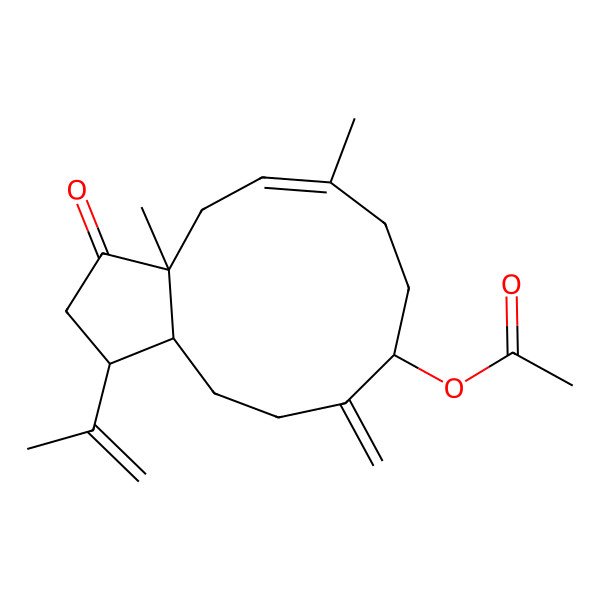 2D Structure of (5E)-9alpha-Acetoxy-1beta-isopropenyl-3abeta,6-dimethyl-10-methylene-1,2,3,3a,4,7,8,9,10,11,12,12aalpha-dodecahydrocyclopentacycloundecene-3-one