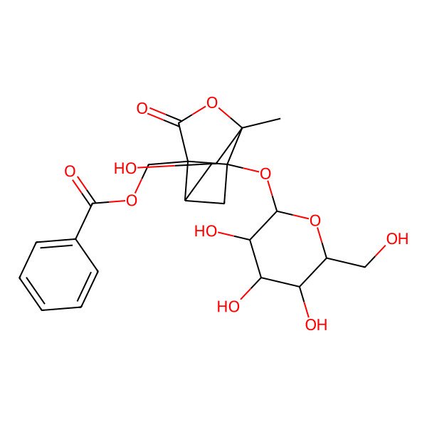 2D Structure of [(1R,4R)-4-hydroxy-6-methyl-8-oxo-1-[(2S,3R,4S,5S,6R)-3,4,5-trihydroxy-6-(hydroxymethyl)oxan-2-yl]oxy-7-oxatricyclo[4.3.0.03,9]nonan-9-yl]methyl benzoate