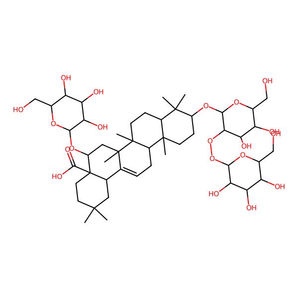 2D Structure of (4aR,5R,6aR,6aS,6bR,8aR,10S,12aR,14bS)-10-[(2R,3R,4S,5S,6R)-4,5-dihydroxy-6-(hydroxymethyl)-3-[(2R,3R,4S,5S,6R)-3,4,5-trihydroxy-6-(hydroxymethyl)oxan-2-yl]peroxyoxan-2-yl]oxy-2,2,6a,6b,9,9,12a-heptamethyl-5-[(2R,3R,4S,5S,6R)-3,4,5-trihydroxy-6-(hydroxymethyl)oxan-2-yl]oxy-1,3,4,5,6,6a,7,8,8a,10,11,12,13,14b-tetradecahydropicene-4a-carboxylic acid