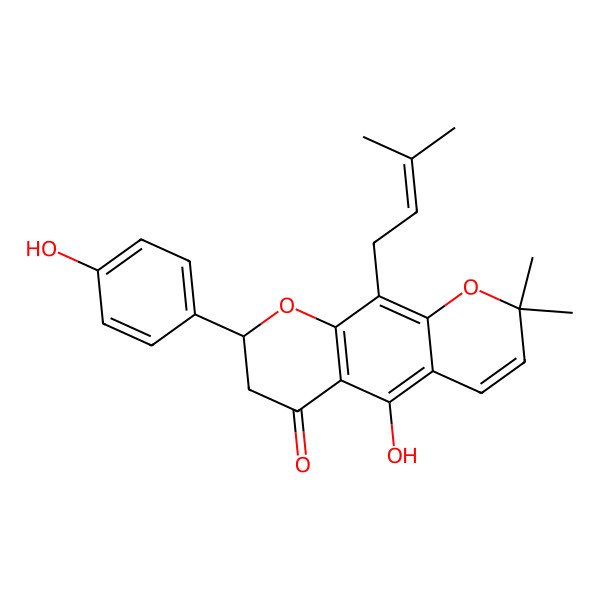 2D Structure of 2-(4-Hydroxyphenyl)-5-hydroxy-2,3-dihydro-10-(3-methyl-2-butenyl)-8,8-dimethyl-4H,8H-benzo[1,2-b:5,4-b']dipyran-4-one
