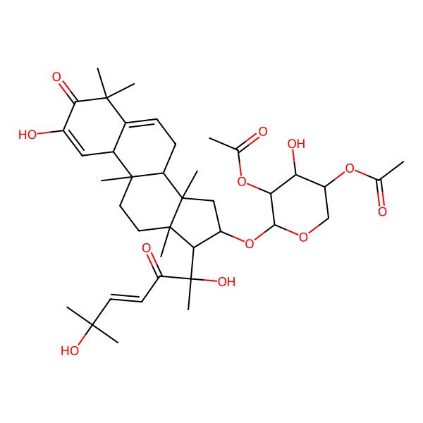 2D Structure of [(3S,5R,6S)-5-acetyloxy-6-[[(8R,9R,10S,13R,14S,16R,17R)-17-[(E,2R)-2,6-dihydroxy-6-methyl-3-oxohept-4-en-2-yl]-2-hydroxy-4,4,9,13,14-pentamethyl-3-oxo-7,8,10,11,12,15,16,17-octahydrocyclopenta[a]phenanthren-16-yl]oxy]-4-hydroxyoxan-3-yl] acetate
