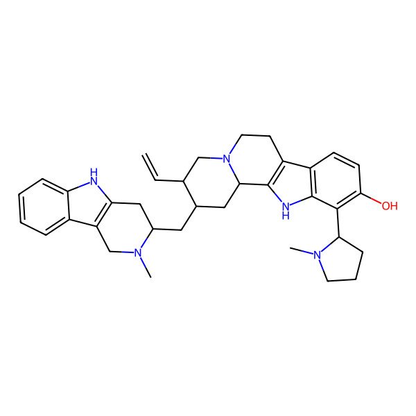 2D Structure of (2S,3R,12bS)-3-ethenyl-11-[(2R)-1-methylpyrrolidin-2-yl]-2-[[(3S)-2-methyl-1,3,4,5-tetrahydropyrido[4,3-b]indol-3-yl]methyl]-1,2,3,4,6,7,12,12b-octahydroindolo[2,3-a]quinolizin-10-ol