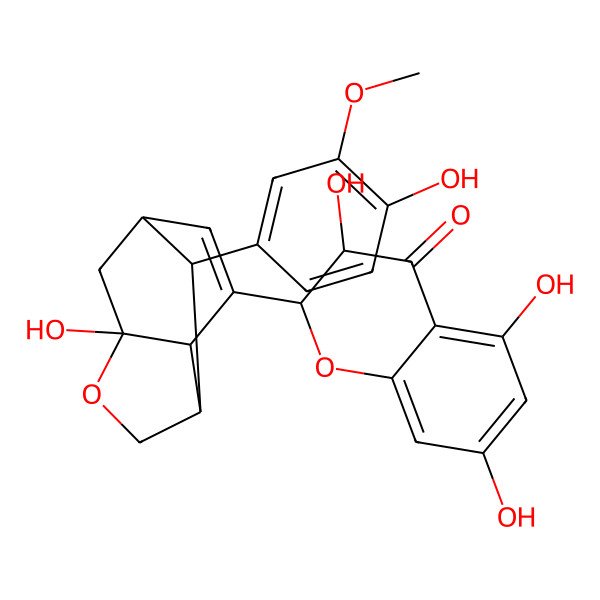 2D Structure of (2R,3R)-3,5,7-trihydroxy-2-[(1S,3R,7S)-3-hydroxy-10-(4-hydroxy-3-methoxyphenyl)-4-oxatricyclo[4.3.1.03,7]dec-8-en-8-yl]-2,3-dihydrochromen-4-one