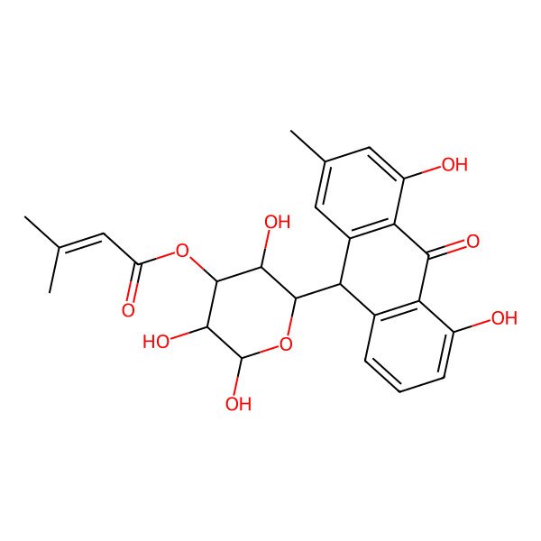 2D Structure of [(2R,3S,4R,5R,6S)-2-[(9S)-4,5-dihydroxy-2-methyl-10-oxo-9H-anthracen-9-yl]-3,5,6-trihydroxyoxan-4-yl] 3-methylbut-2-enoate