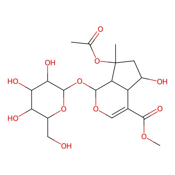 2D Structure of methyl (4aS,5R)-7-acetyloxy-5-hydroxy-7-methyl-1-[(2S,3R,4S,5S,6R)-3,4,5-trihydroxy-6-(hydroxymethyl)oxan-2-yl]oxy-4a,5,6,7a-tetrahydro-1H-cyclopenta[c]pyran-4-carboxylate