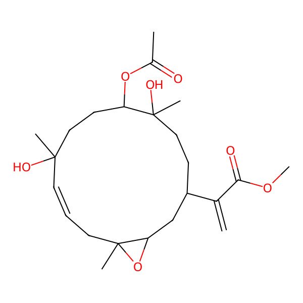 2D Structure of methyl 2-[(1S,3R,6R,7R,10S,11E,14S)-7-acetyloxy-6,10-dihydroxy-6,10,14-trimethyl-15-oxabicyclo[12.1.0]pentadec-11-en-3-yl]prop-2-enoate