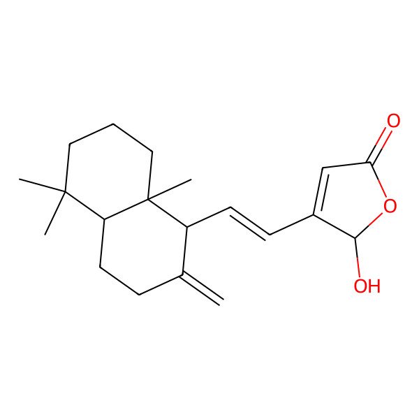 2D Structure of (2S)-3-[(E)-2-[(1S,4aS,8aS)-5,5,8a-trimethyl-2-methylidene-3,4,4a,6,7,8-hexahydro-1H-naphthalen-1-yl]ethenyl]-2-hydroxy-2H-furan-5-one