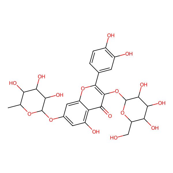 2D Structure of 4H-1-Benzopyran-4-one, 7-((6-deoxy-alpha-L-mannopyranosyl)oxy)-2-(3,4-dihydroxyphenyl)-3-(beta-D-glucopyranosyloxy)-5-hydroxy-